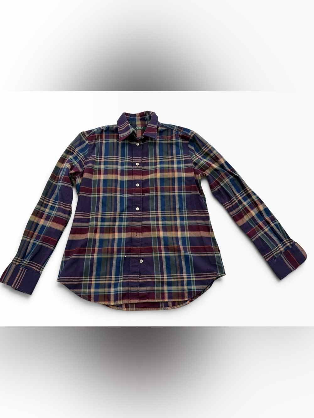 Ralph Lauren Women's Navy, Purple & Green Plaid Button-Down Shirt